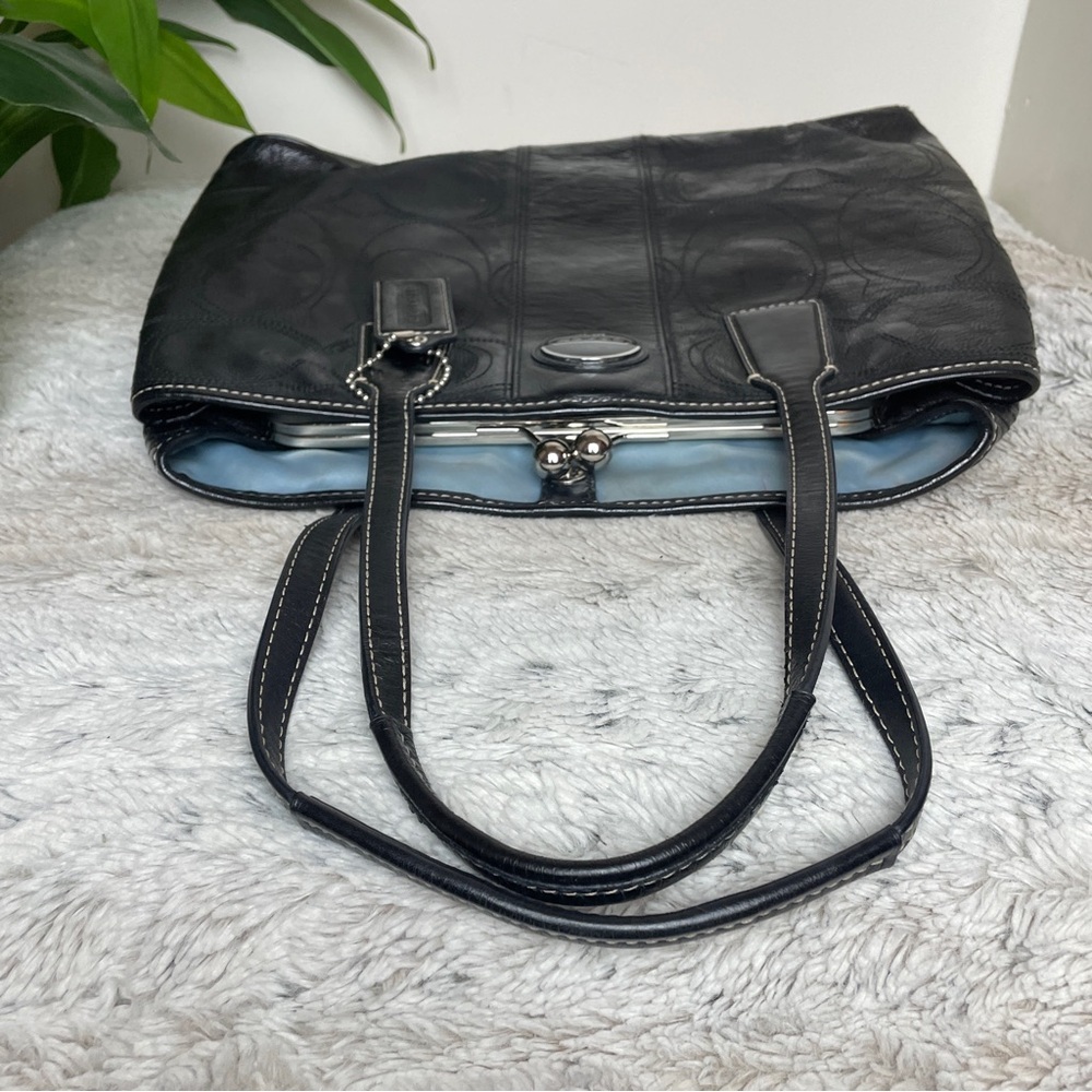 Coach Signature Stitch Leather Framed Kisslock Carryall Black Handbag F15658 - Picture 8 of 14